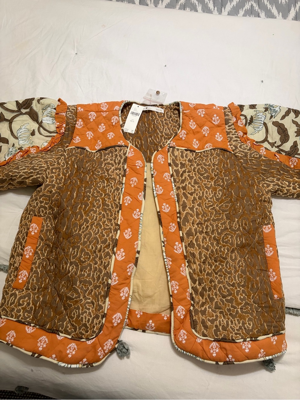 Anthropologie Llani Quilted Patchwork Puffer Jacket in Orange and Brown